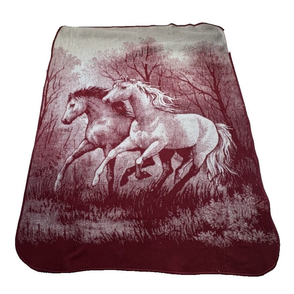 Vintage San Marcos Wild Horses Blanket Reversible Two Tone Burgundy Ivory 84x69